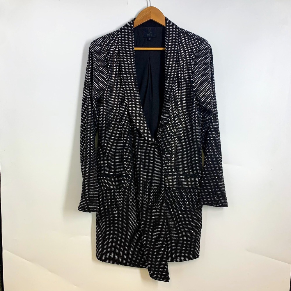X by NBD Black Rhinestone Embellished Longline Blazer Open‎ Front Shawl Lapel L